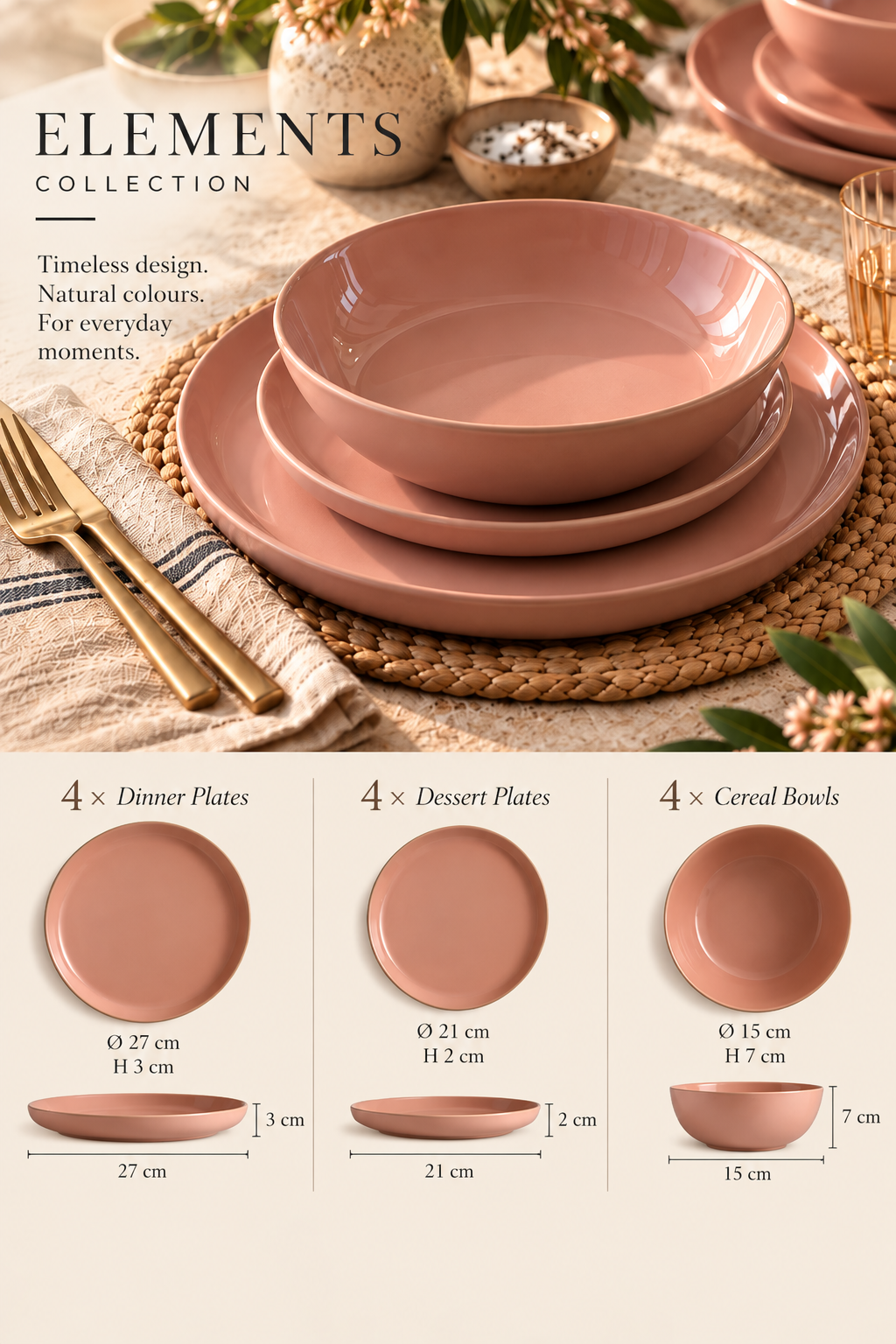 Elements Pink Salmon Dinnerware Set 12 Pieces