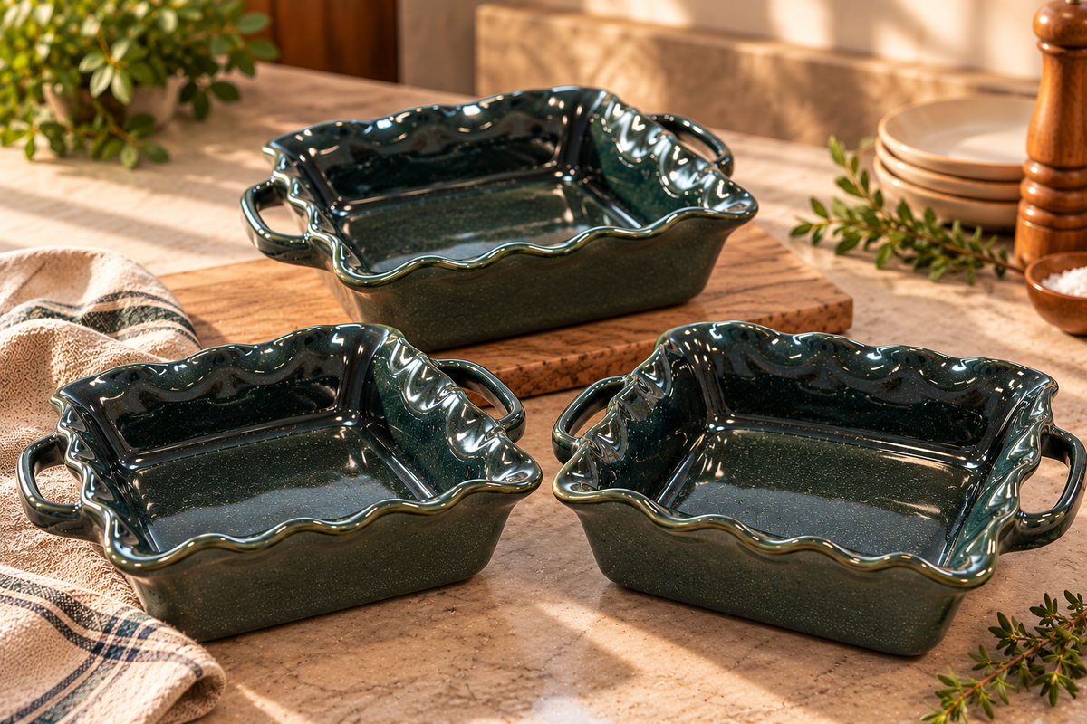 Conjunto de 3 Travessas de Forno Quadradas Mira – Verde Floresta Reativo
