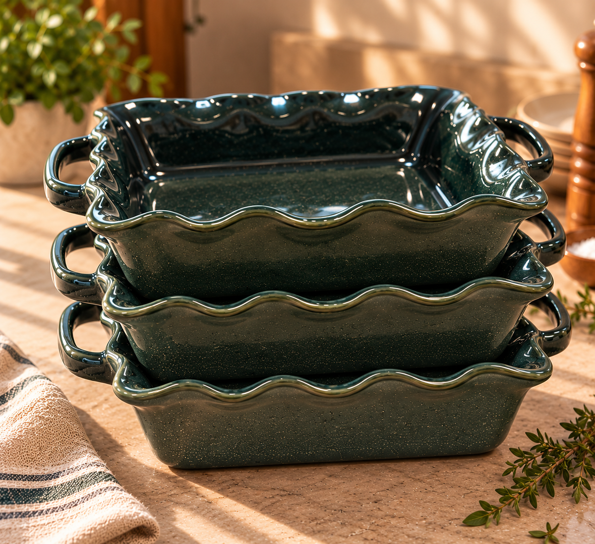 Conjunto de 3 Travessas de Forno Quadradas Mira – Verde Floresta Reativo